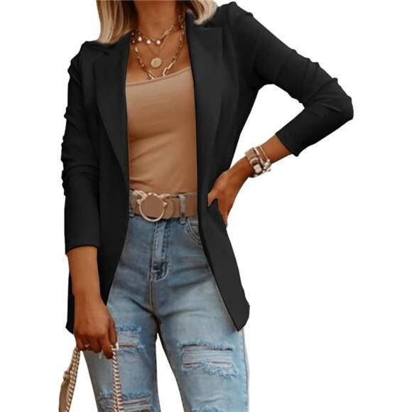 Women's Casual Long Sleeve Knit Blazer: Solid Color Open Front Office Jacket - Picture 3 of 7